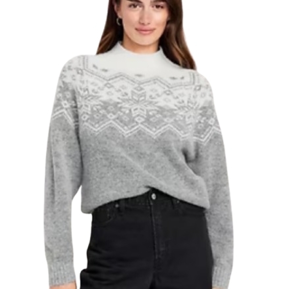Old Navy Gray/White Fair Isle Wool Blend Funnel Neck Sweater Size S Warm Cozy